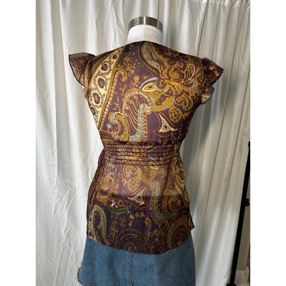 52 Weekends Purple Paisley Sequin Trim Smocked Empire Waist Blouse Small Y2K - Picture 4 of 8